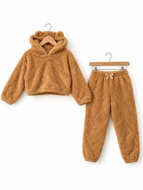 Girls Brown Teddy Sherpa Bear Ear Hoodie Jogger Pants 2 Piece Set